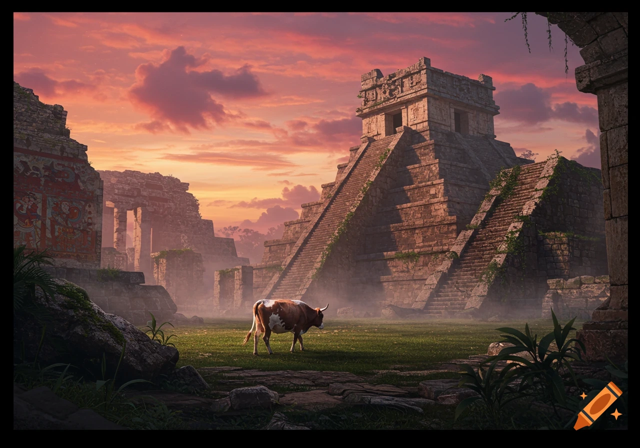 A photorealistic cow grazes in a grassy clearing amidst ancient Aztec ruins, with a large pyramid under a vibrant sunset sky.