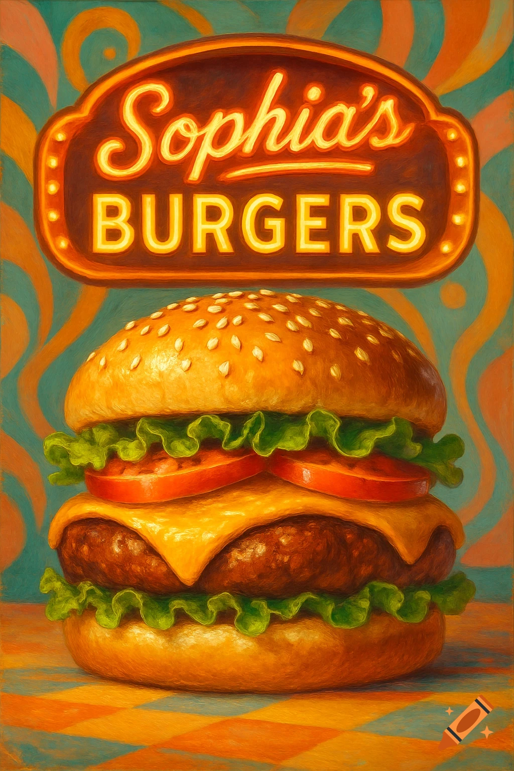 A vibrant, retro-style painting of a large hamburger with cheese, lettuce, and tomatoes, under a glowing 'Sophia's Burgers' sign, against a swirling teal and orange background.