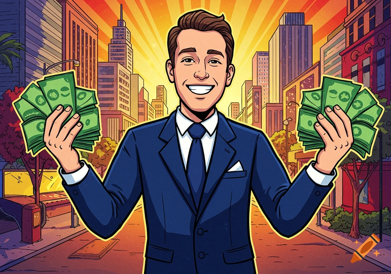 Cartoon man in a blue suit smiling broadly, holding stacks of green money in both hands against a bright city background.