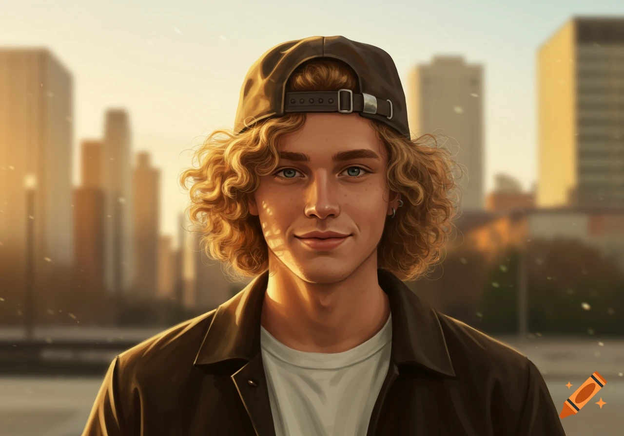 Smiling young man with curly blond hair and a backward baseball cap, against a blurred city skyline at golden hour.