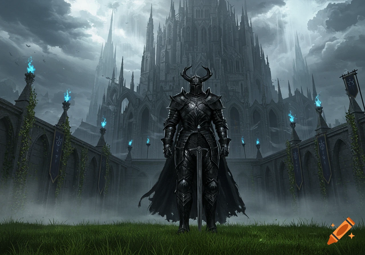 A dark knight in horned black armor stands on a grassy field before a massive, gloomy gothic castle under a cloudy sky with blue torches.