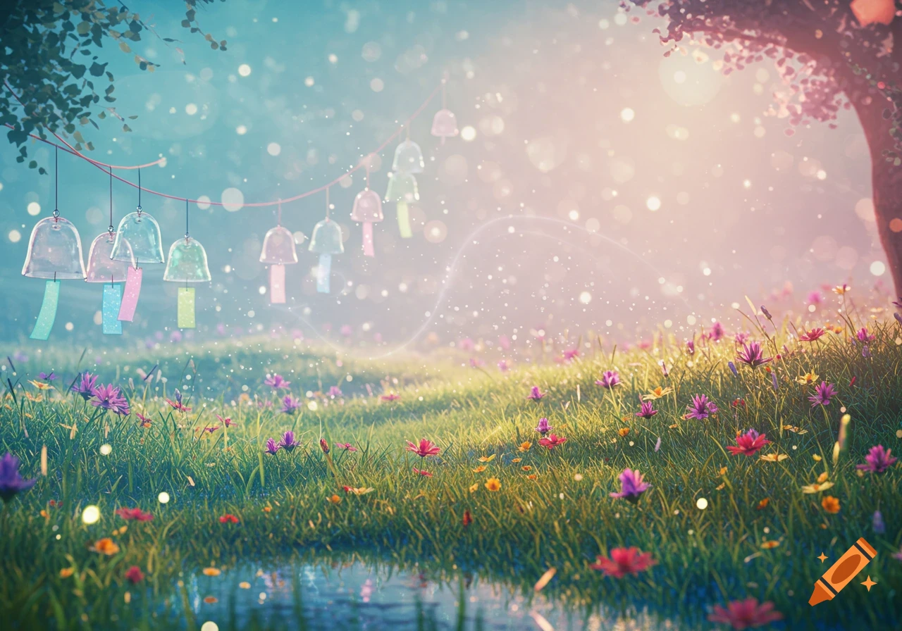 Whimsical fantasy landscape with glowing wind chimes, colorful flowers, and a stream, under sparkling light.