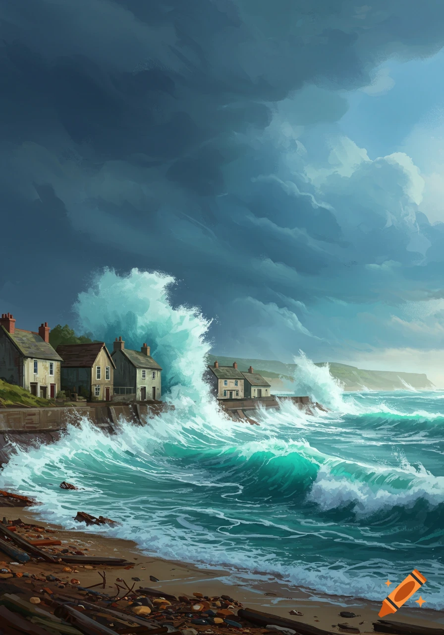 Huge waves crash against houses on a rocky coast under a dark, stormy sky, depicting coastal overwash.