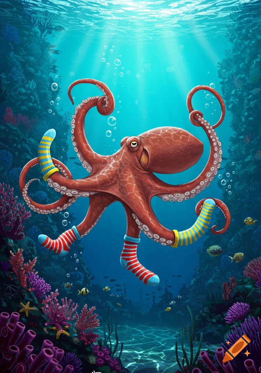 A whimsical cartoon octopus wearing colorful striped socks swims in a vibrant coral reef underwater scene.