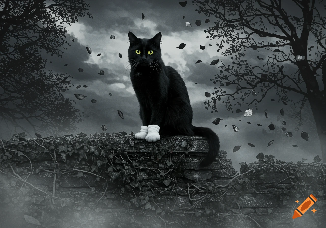 A black cat with bright yellow eyes and white paws sits on an ivy-covered wall under a stormy, grayscale sky with falling leaves.