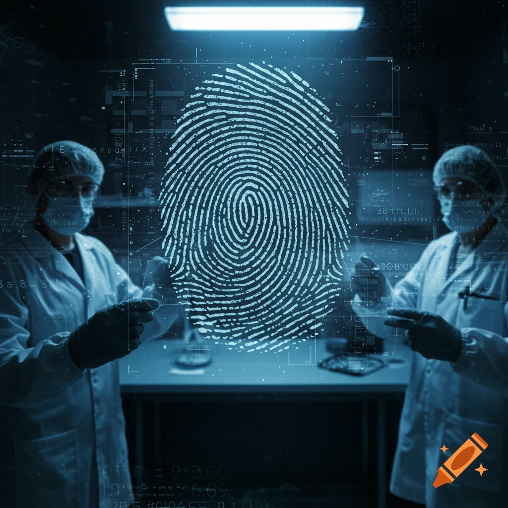 Two forensic scientists examine a large, glowing holographic fingerprint in a dark, high-tech lab.