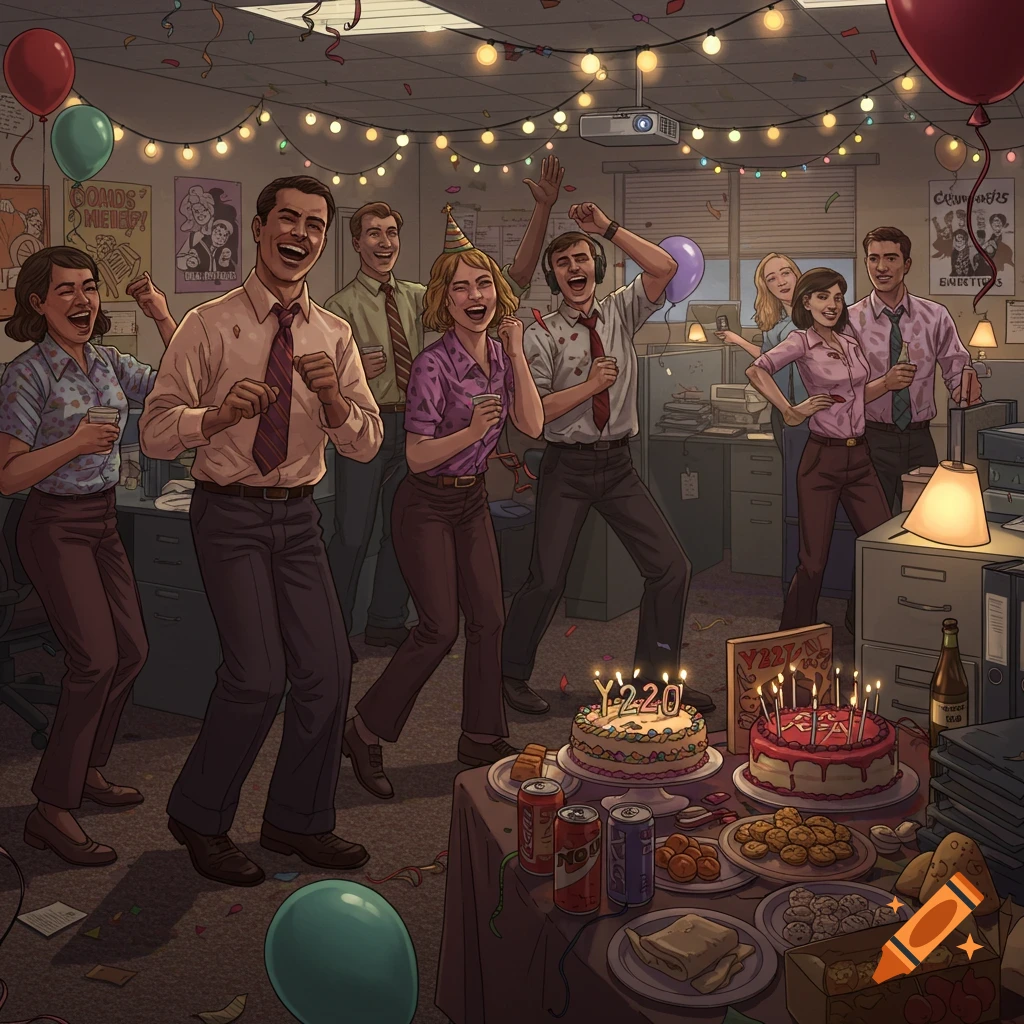 An office full of diverse people dancing and celebrating at a lively office party, with balloons, string lights, cakes, and snacks.