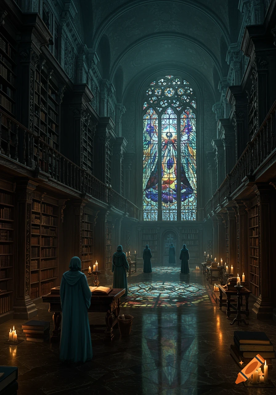 Robed figures stand in a vast, dark gothic library, illuminated by candles and a large, colorful stained glass window.