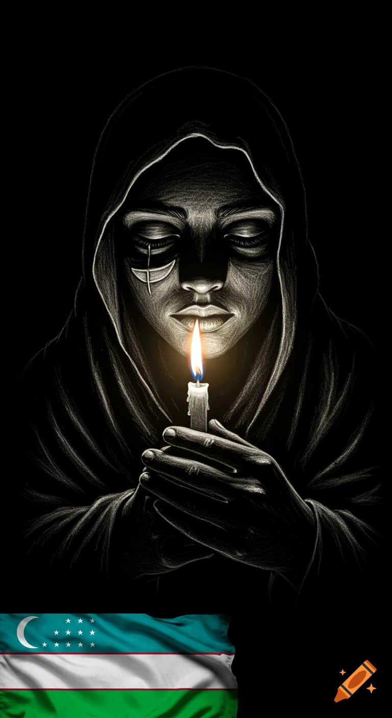 A somber pencil sketch of a hooded figure holding a lit candle in darkness, with a faint Uzbek flag at the bottom.