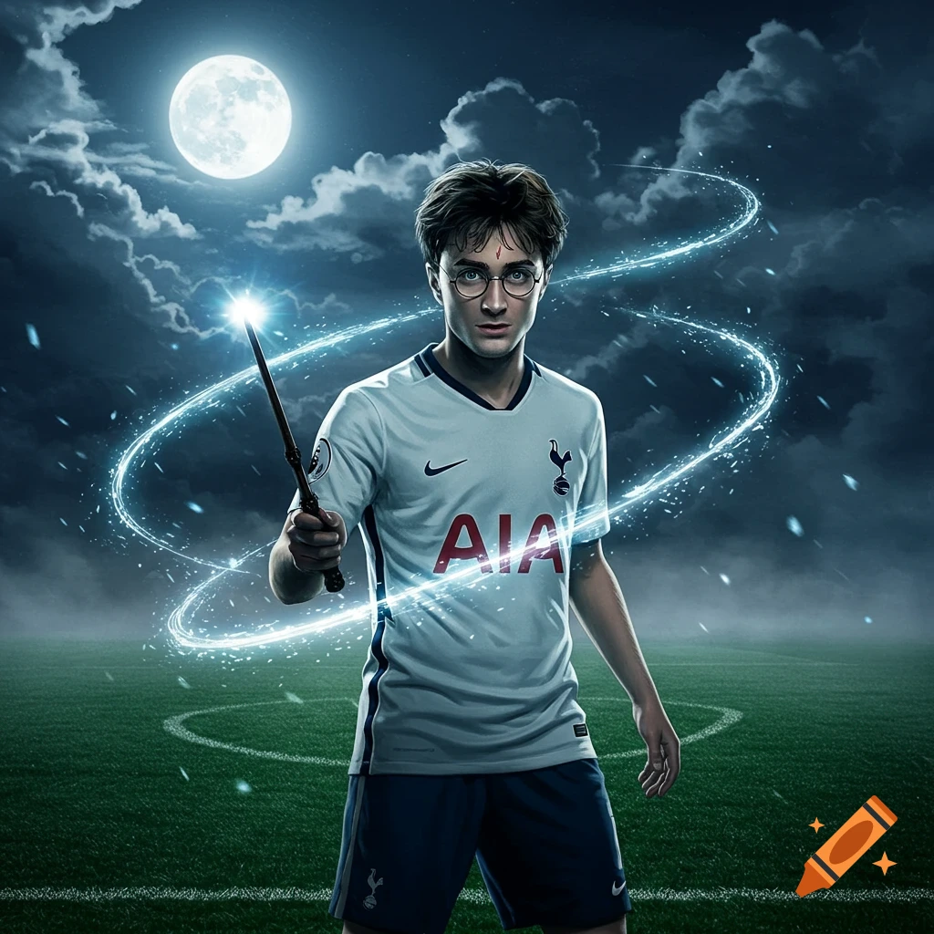 Harry Potter in a Tottenham Hotspur jersey holds a glowing wand on a football field under a full moon.