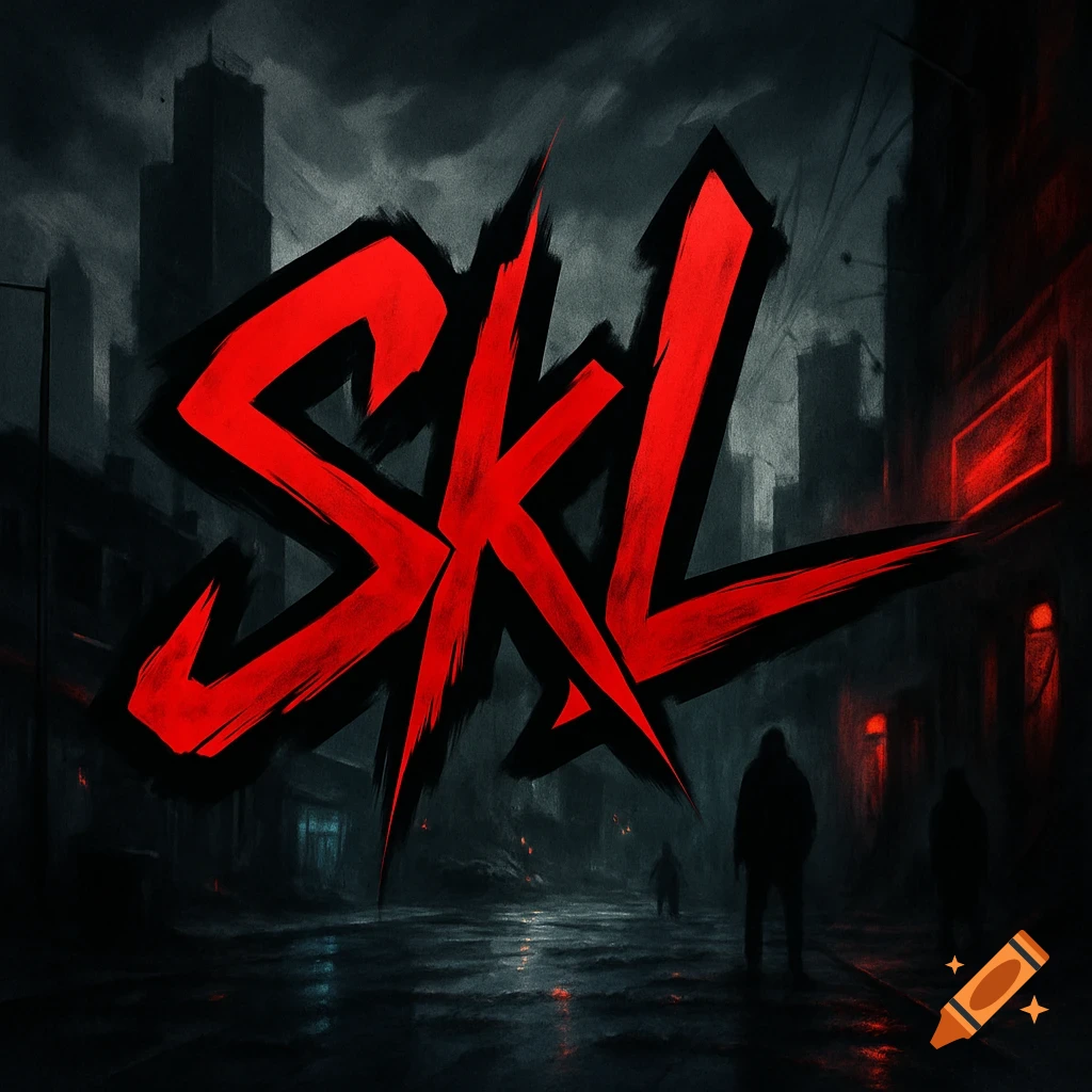 Red stylized text 'SKL' floats above a dark, rainy city street with silhouetted figures and red glowing windows.