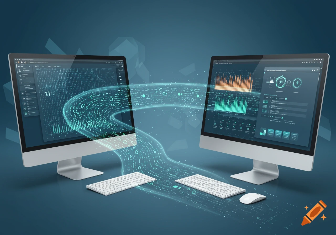 Two modern computers with glowing digital data flowing between their screens on a blue background.
