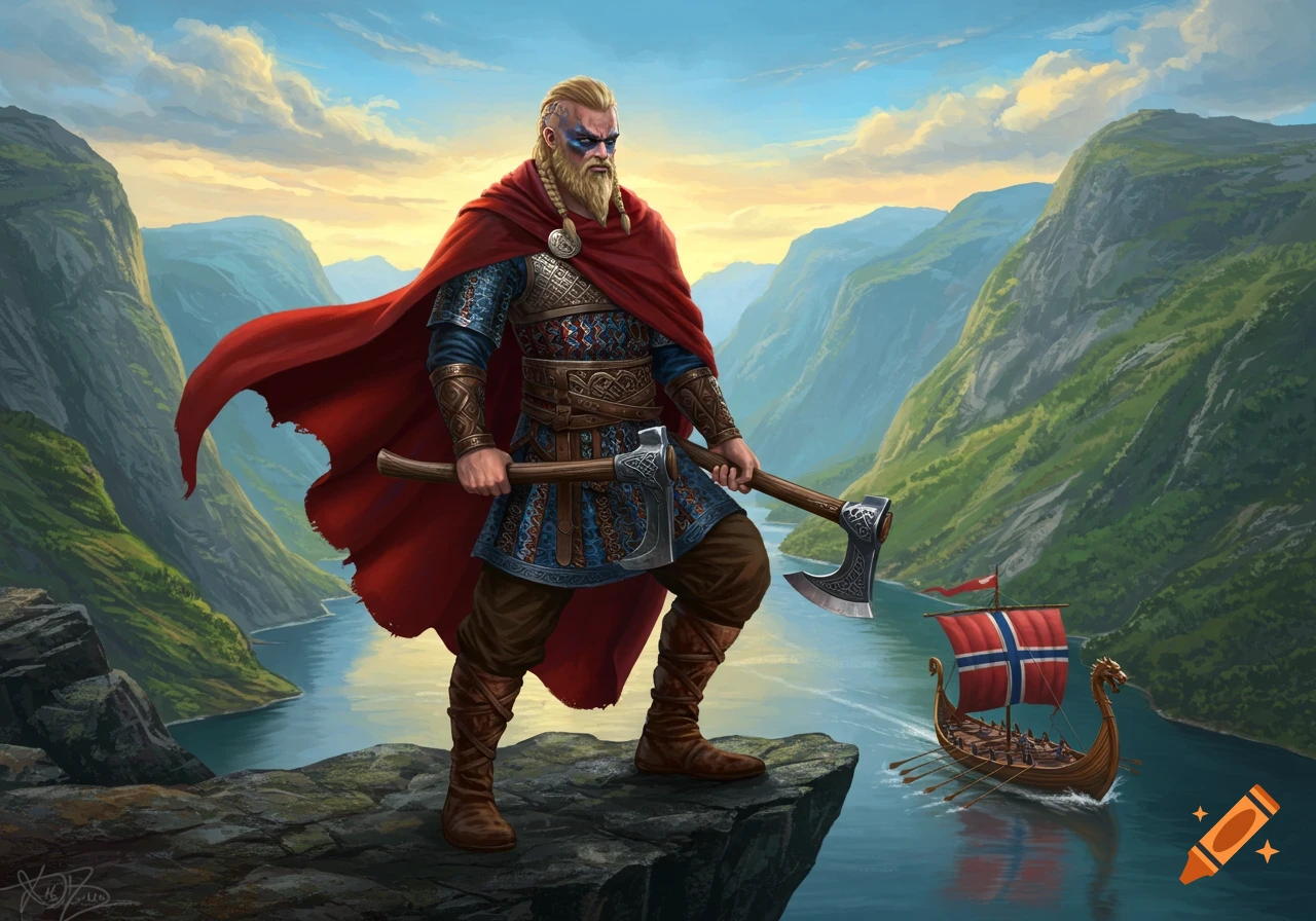 A majestic blonde Viking warrior in a red cape and blue war paint stands on a cliff holding two axes, overlooking a fjord with a longship.