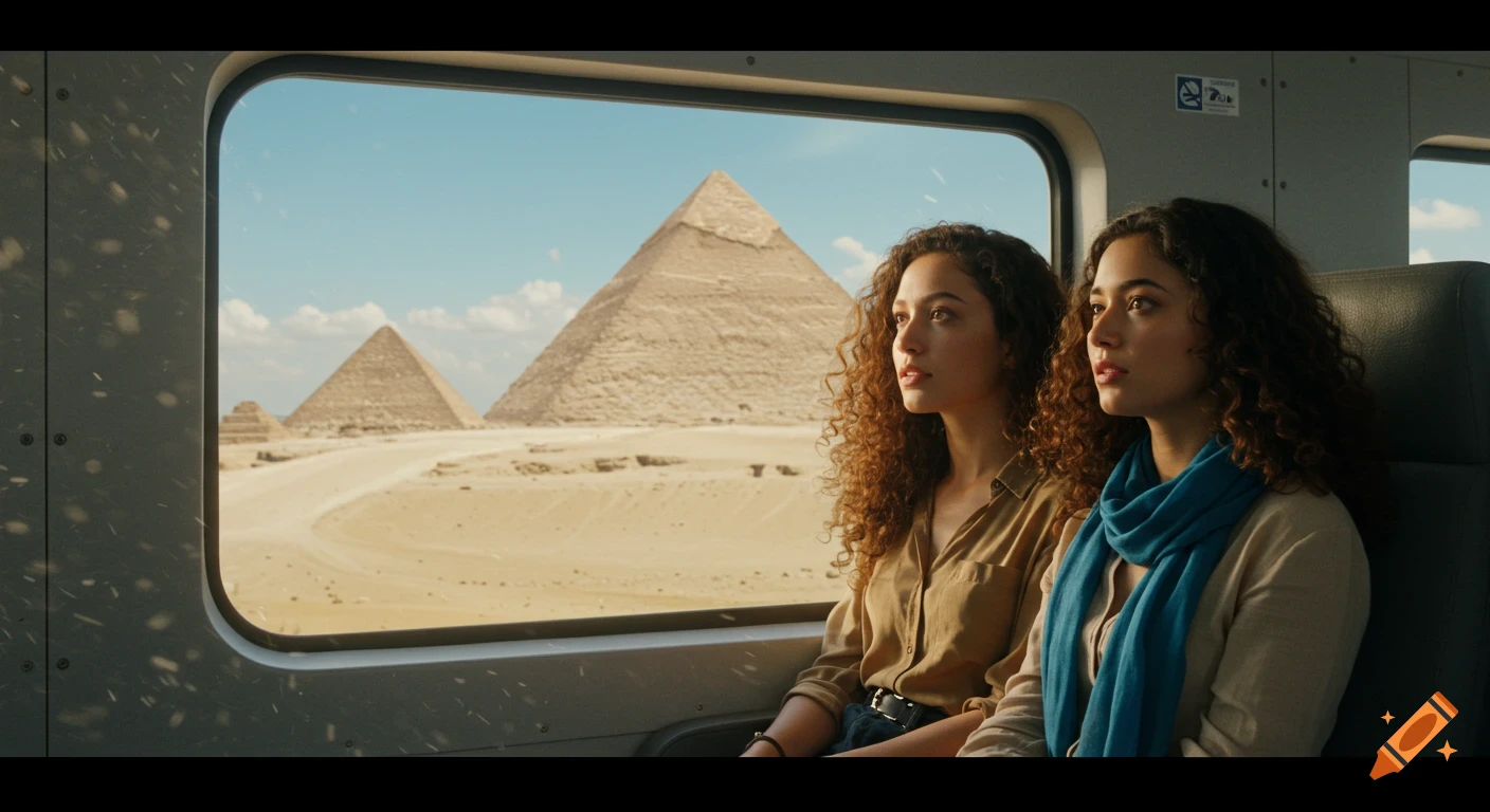 Photorealistic image of two women on a train looking out at the Pyramids of Giza in a desert landscape.