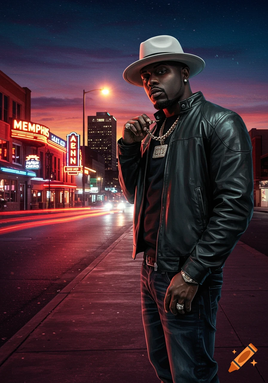A man in a white fedora, black leather jacket, and gold chains stands on a neon-lit city street at dusk.