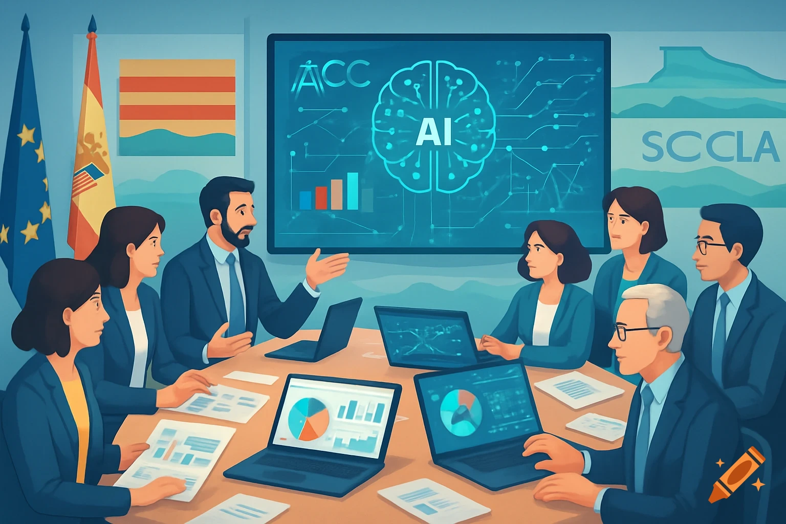 An illustration of business professionals in a meeting, discussing AI, with data visualizations on screens and documents.