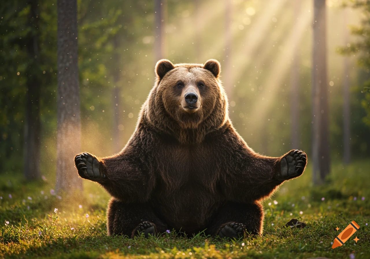 A photorealistic brown bear sits in a sun-dappled forest, arms open wide in a welcoming gesture.