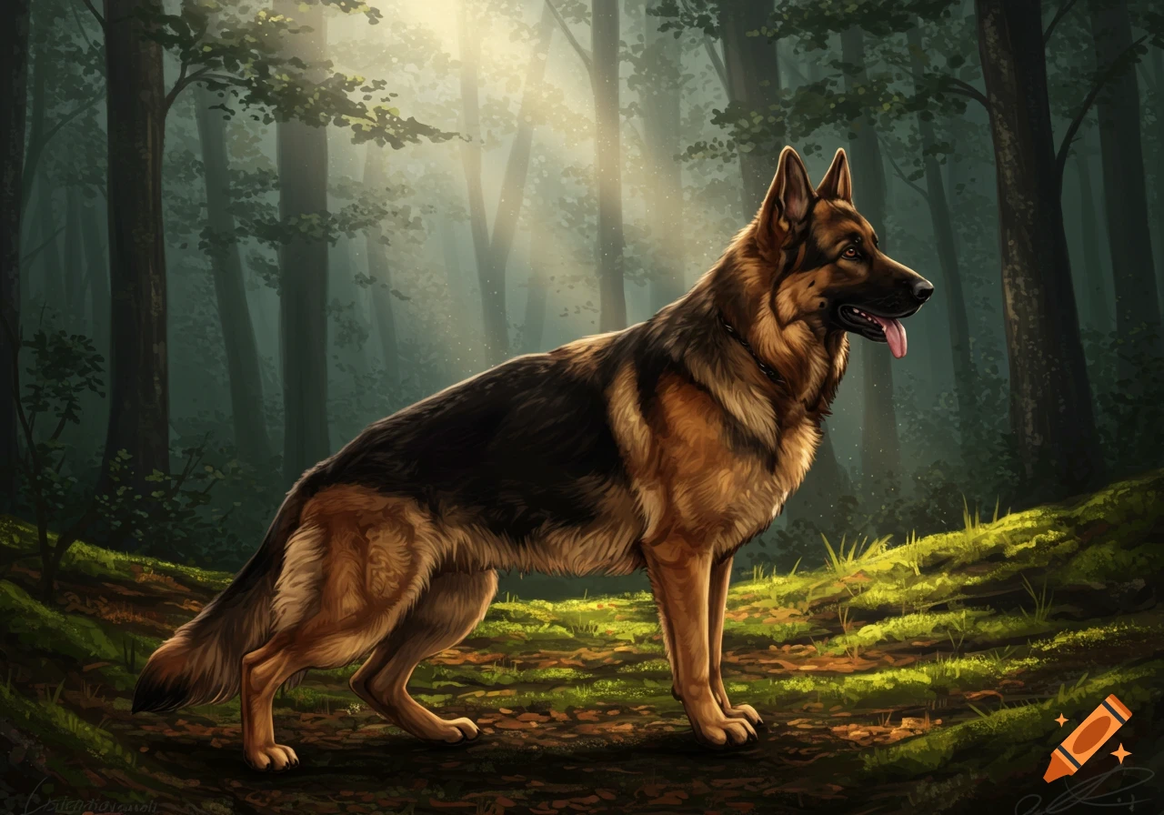 A majestic German Shepherd dog stands in a sun-dappled forest, digital painting.