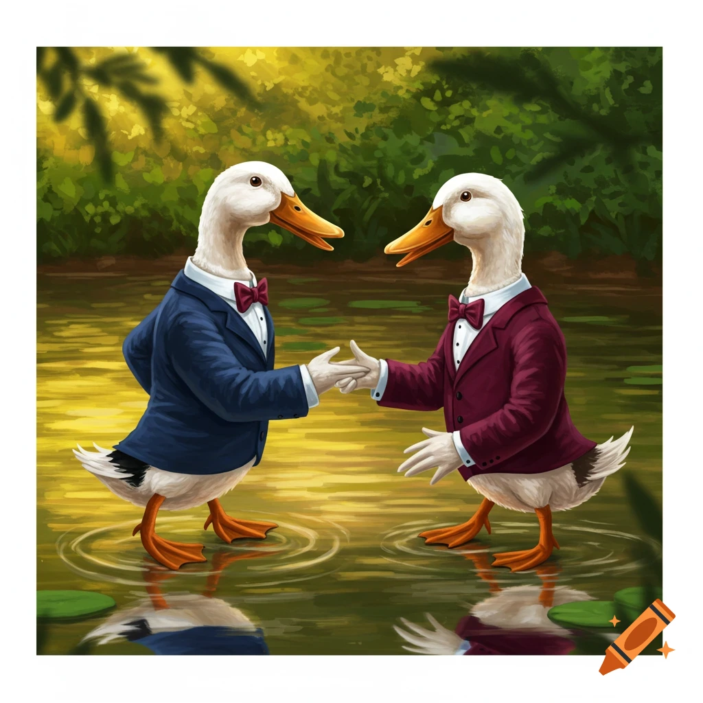 Two anthropomorphic ducks in blue and maroon suits shake hands in a pond with lily pads, surrounded by green foliage, painted style.