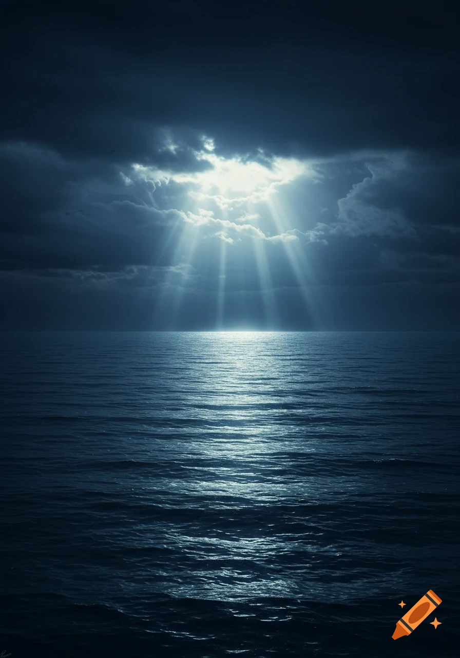 Photorealistic dark blue sea under a dramatic sky with bright sun rays breaking through stormy clouds.