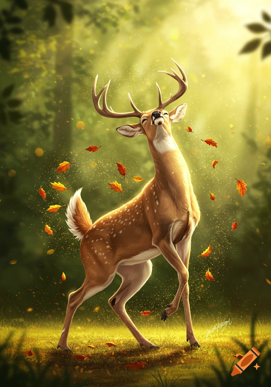 A happy deer with antlers enjoying falling autumn leaves in a sunlit forest, digital art.