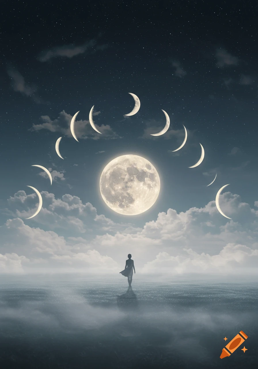 A silhouette of a person stands on a misty plain under a starry night sky with a large full moon and crescent moons.