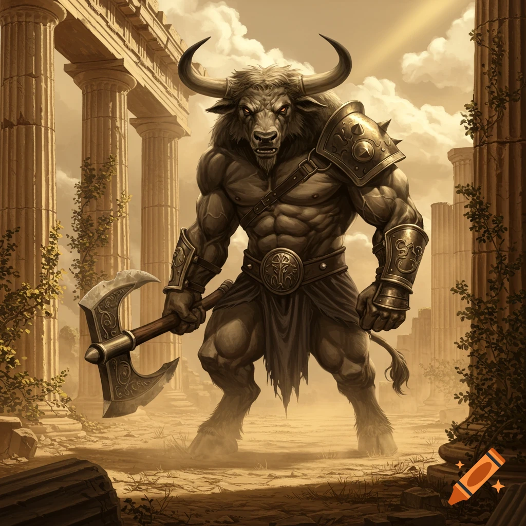 A Minotaur warrior in armor, holding an axe, stands in ancient Greek ruins under a cloudy sky.
