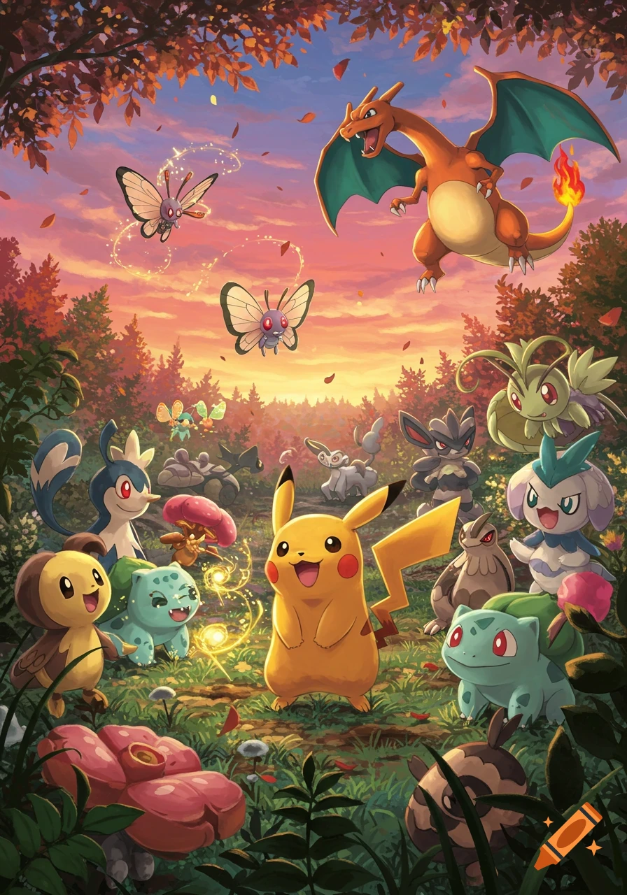 Pikachu, Charizard, Bulbasaur, and other Pokémon gathered in a vibrant, colorful autumn forest at sunset in an illustration.