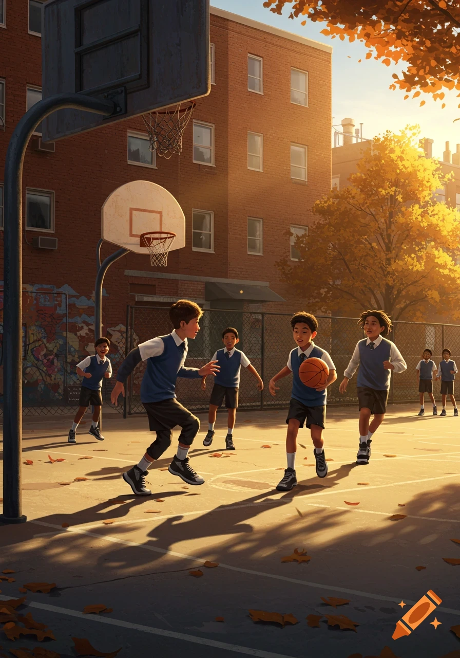 Boys play basketball on an urban court with autumn leaves on the ground and a building in the background during golden hour.