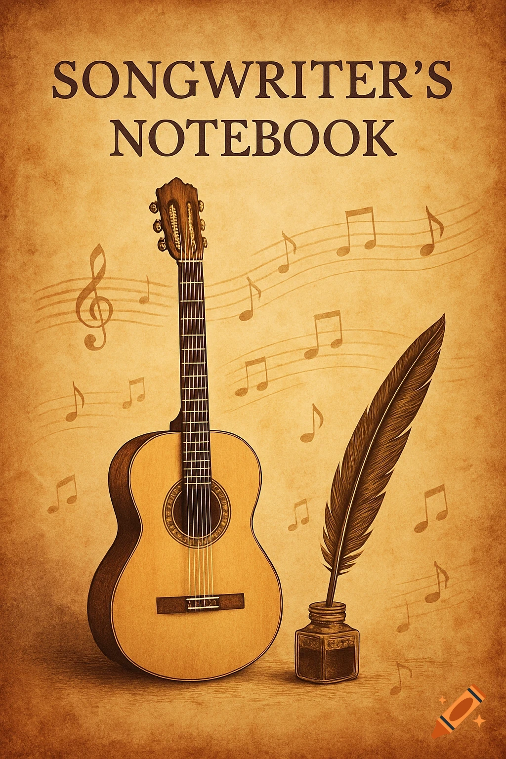 A vintage-style book cover featuring a classical guitar, a quill in an inkwell, and musical notes on aged paper. Text reads 'SONGWRITER'S NOTEBOOK'.