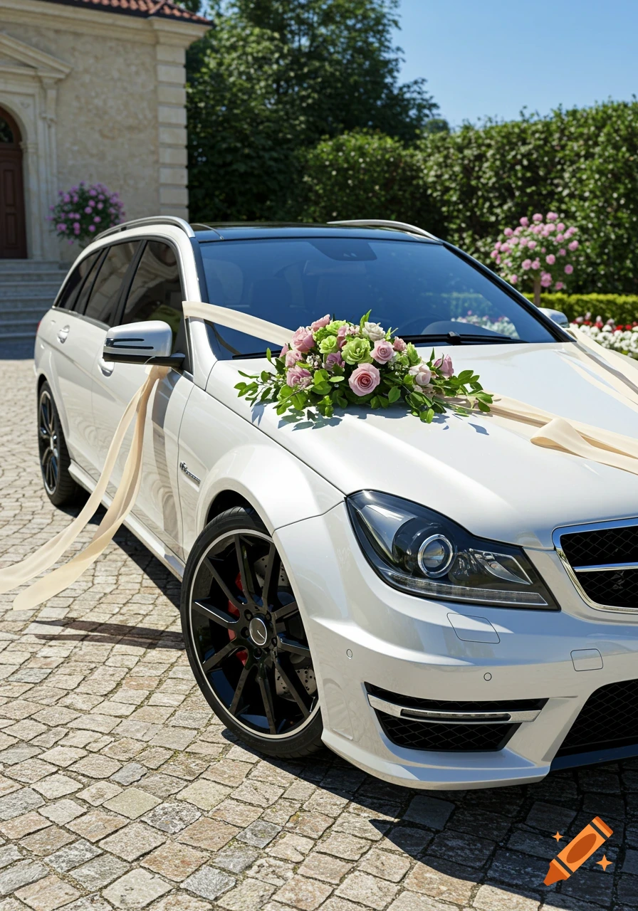 A white Mercedes-Benz C63 AMG wagon decorated with wedding flowers and ribbons, parked on a cobblestone driveway.