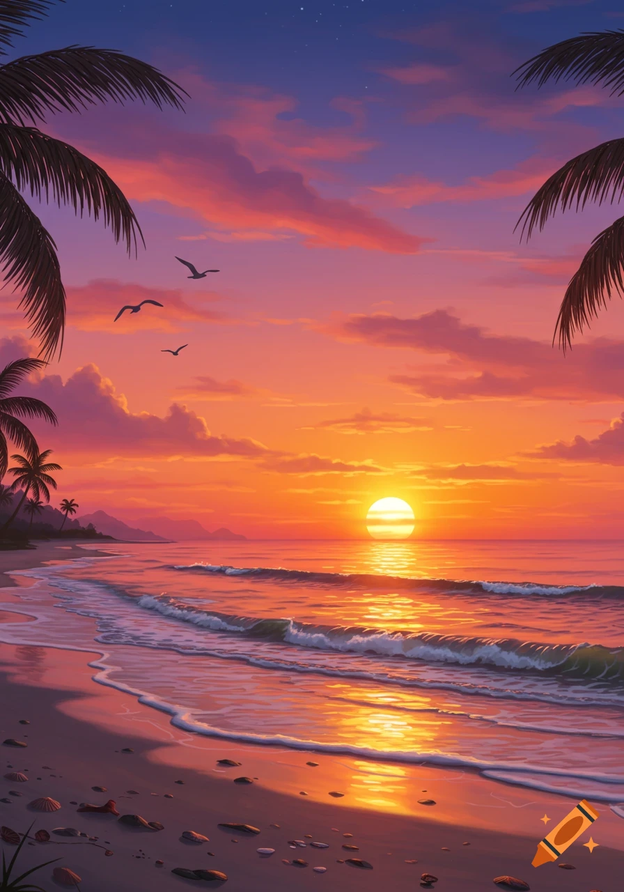 A vibrant painterly sunset over a tropical beach with waves, silhouetted palm trees, and birds flying in the colorful sky.