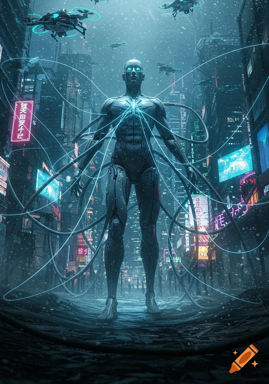 A metallic cyborg with glowing eyes stands in a snowy cyberpunk city, connected by blue wires, with drones overhead. Digital art.