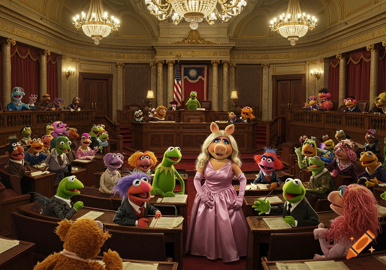 Muppets attending a session in a grand, ornate congressional chamber. Miss Piggy stands prominently in the aisle.