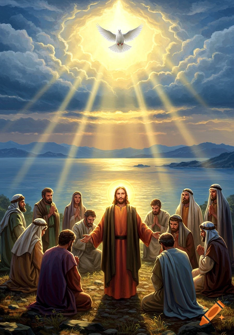 Jesus surrounded by disciples praying by a lake at sunset, with a radiant dove and light from the heavens above.