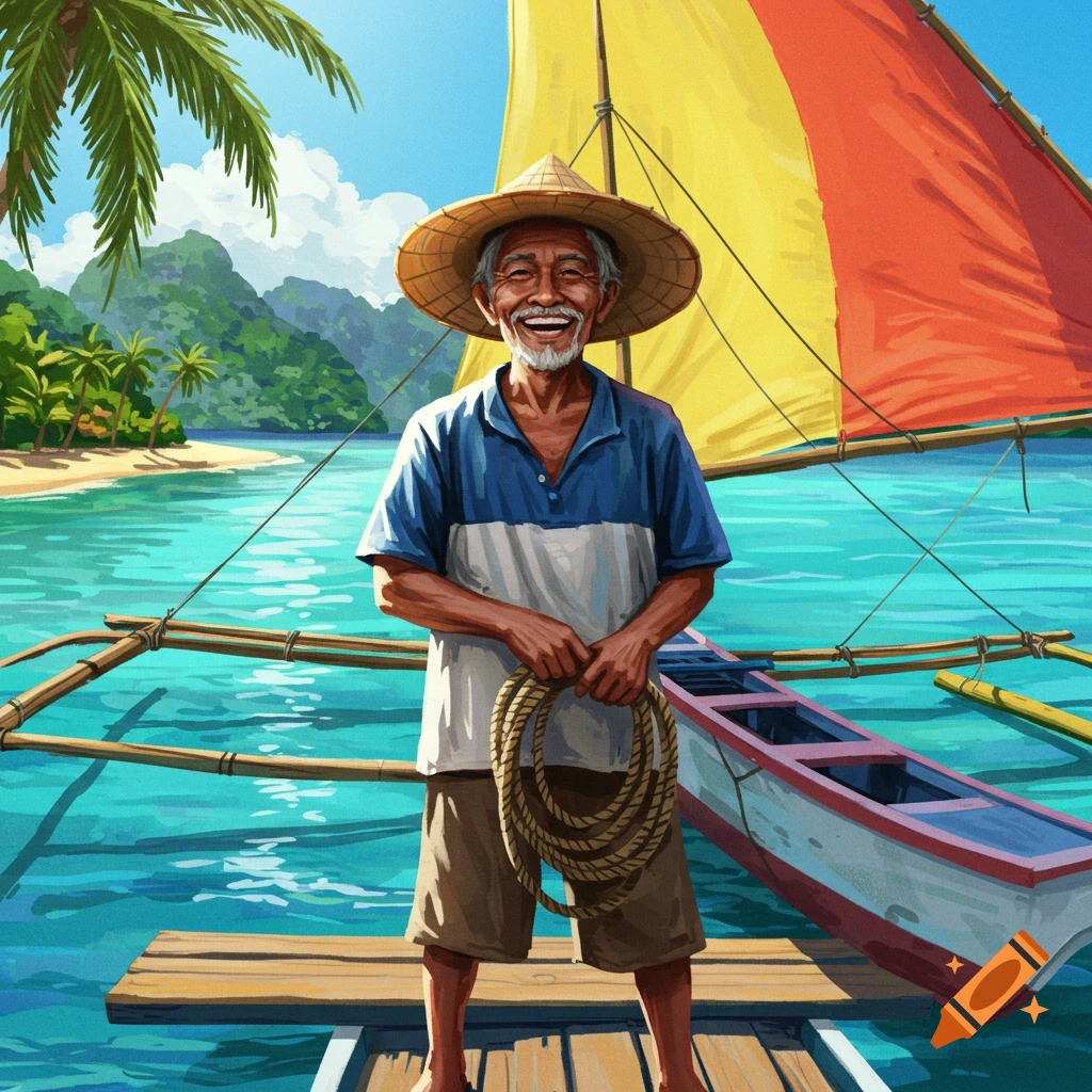 Smiling man in straw hat holds rope on a dock by an outrigger boat in tropical waters with islands and palm trees. Illustration.