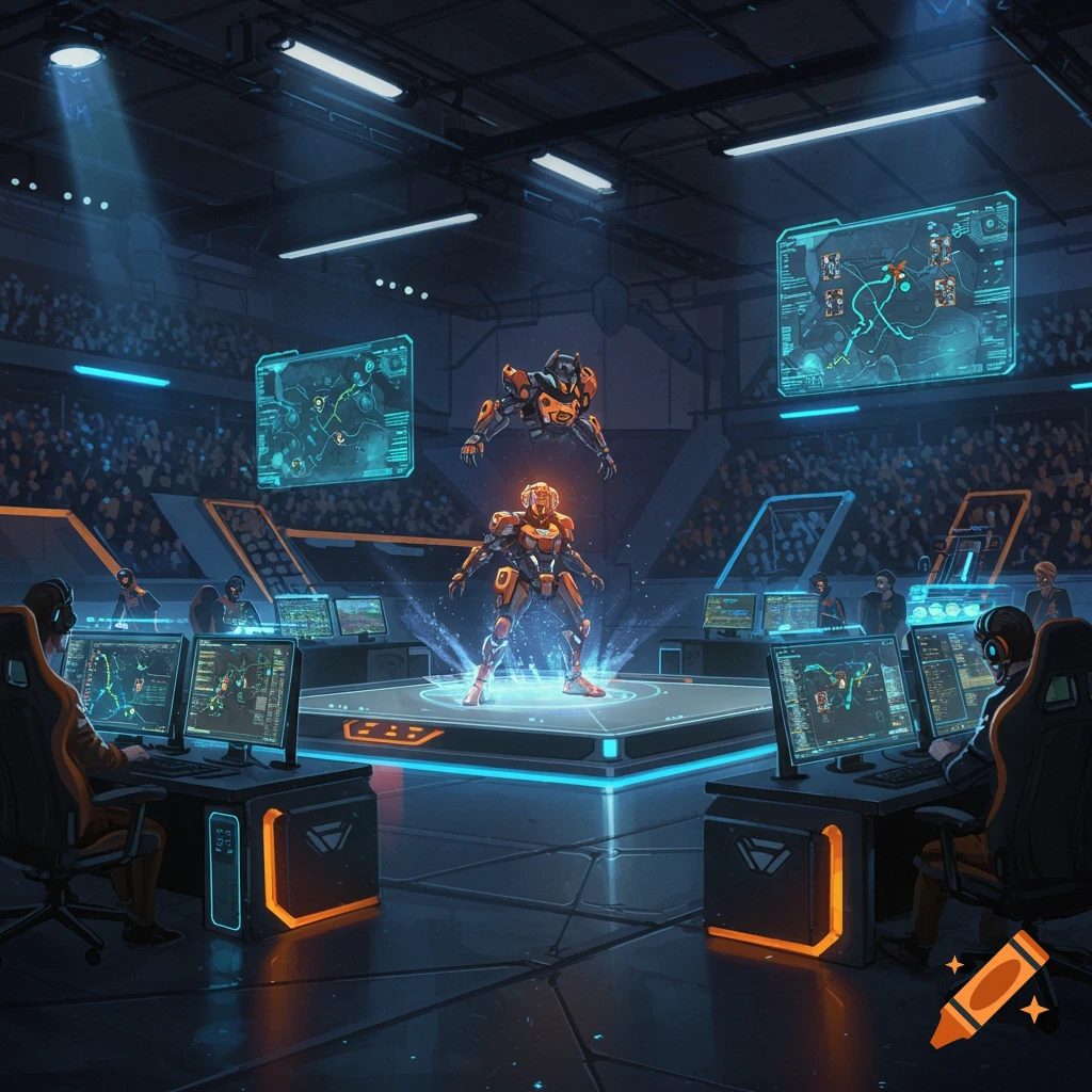 Futuristic esports arena with players at desks, holographic orange robots on a stage, and glowing blue screens.