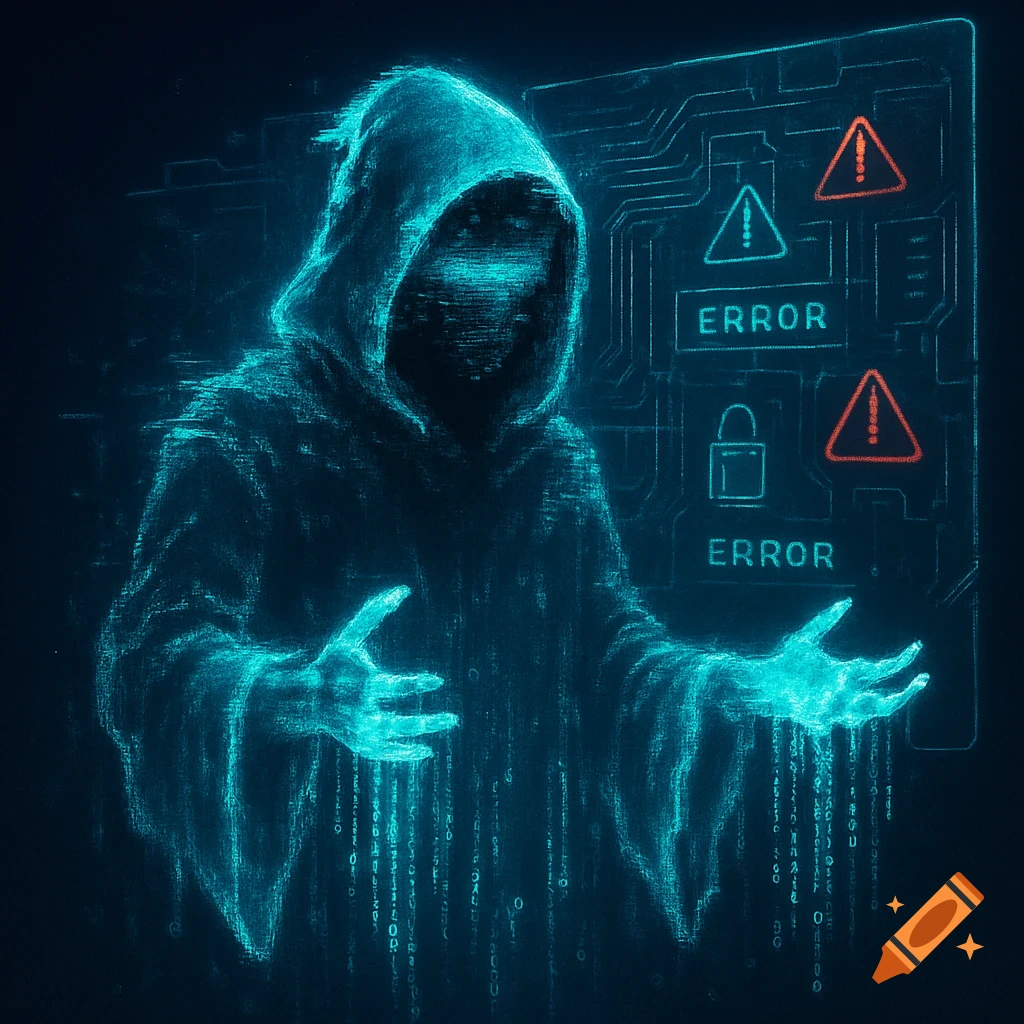 Digital ghost hacker in a glowing hooded robe with glitch effects, hands emitting code, in front of a holographic screen with error messages. Cyberpunk style.
