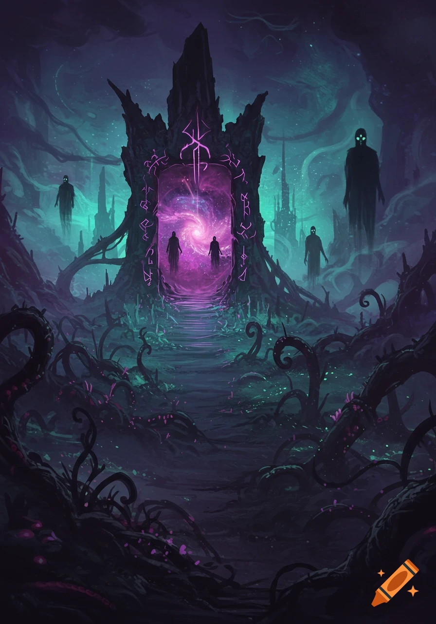 A dark, otherworldly landscape with gnarled roots and glowing purple fungi. Shadowy figures stand near a glowing cosmic portal adorned with occult runes.