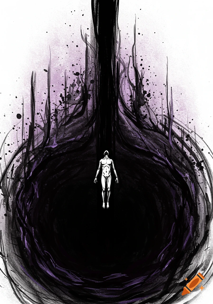 Hand-drawn ink sketch of a lone figure diving into a dark void with chaotic brush strokes and a faint purple aura.