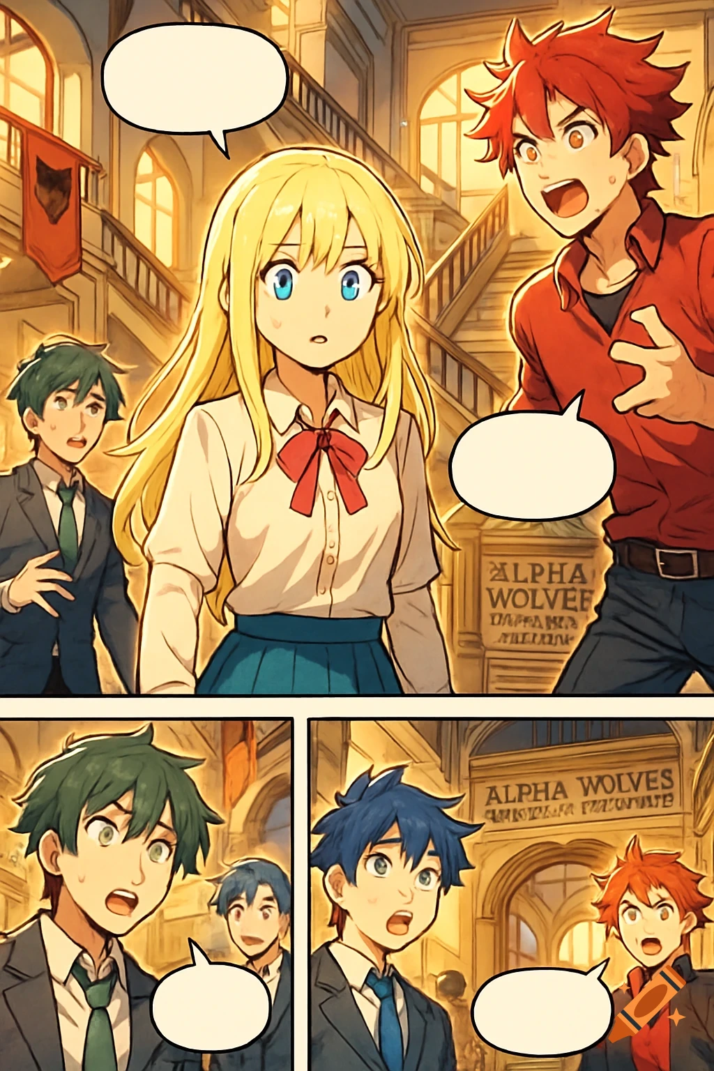 An anime comic strip featuring a surprised blonde girl and several expressive boys in a school hallway with speech bubbles.