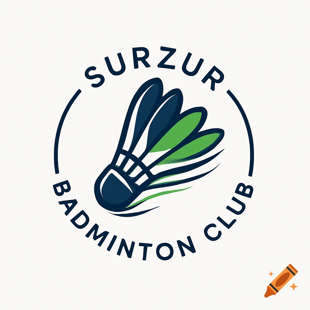 A logo for Surzur Badminton Club featuring a blue and green shuttlecock encircled by the club name.