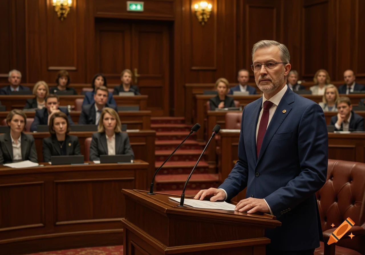 A man in a suit and tie speaks at a wooden podium in a formal legislative chamber, with an audience in the background.