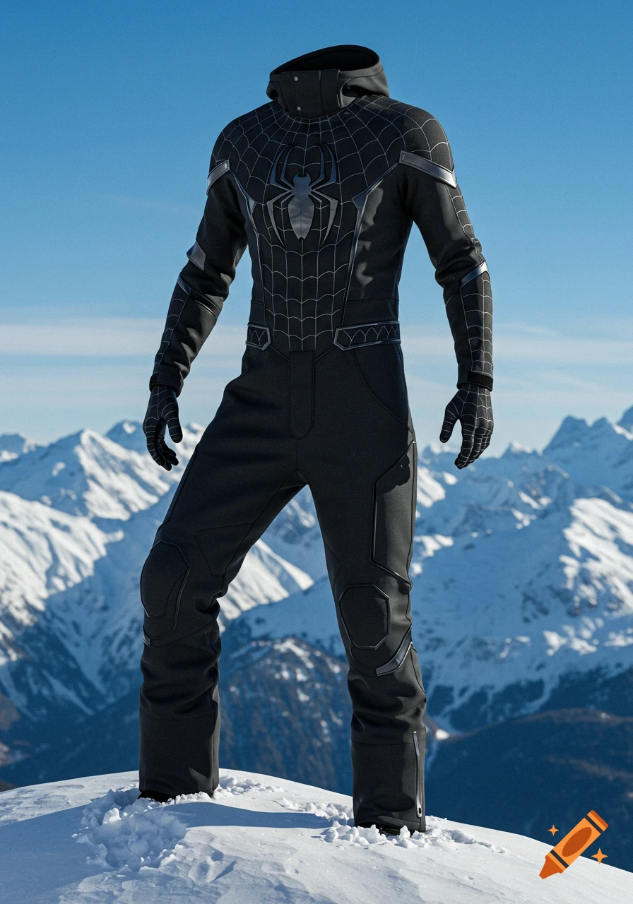 Headless black Spider-Man snowboard suit stands on a snowy mountain peak under a clear blue sky.