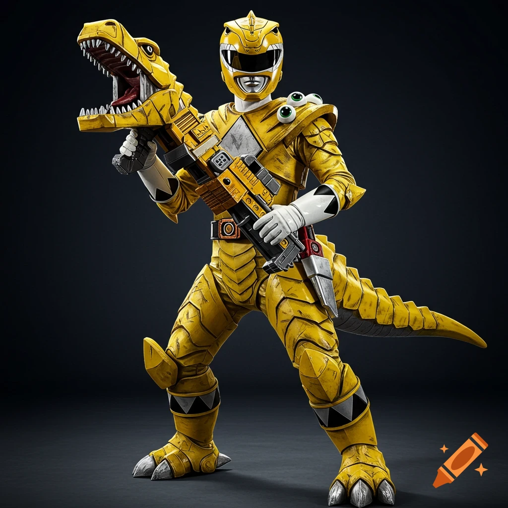 A yellow Power Ranger in an albertosaurus-themed suit with googly eyes holds a pilebunker in a sentai pose.