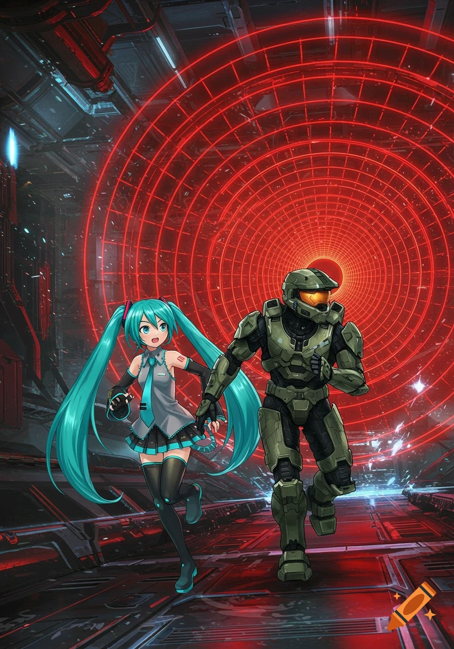 Hatsune Miku and Master Chief run through a futuristic sci-fi tunnel with a glowing red grid background.