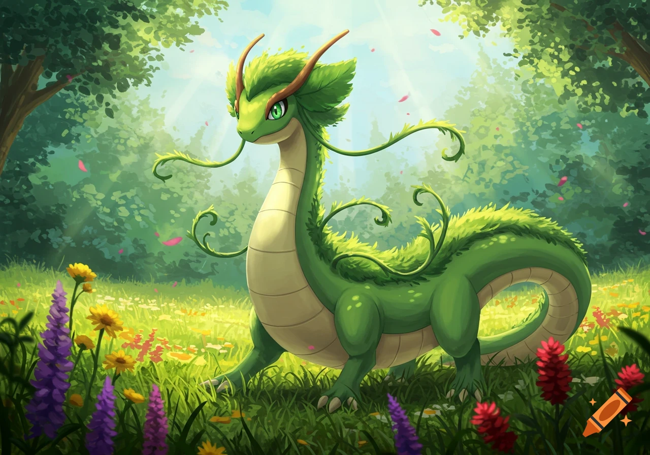 A green, dragon-like grass Pokémon stands in a vibrant, sunlit forest clearing filled with colorful wildflowers, digital art.