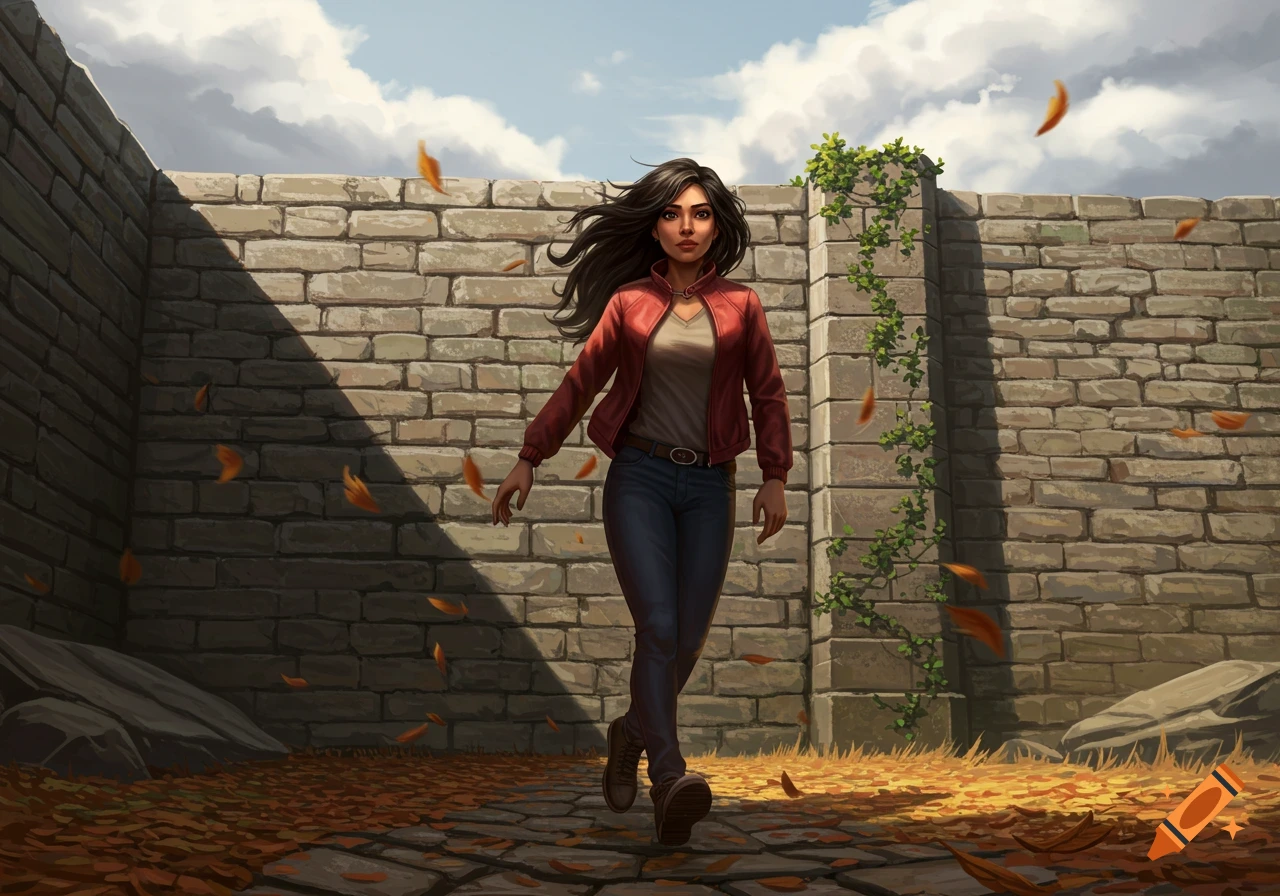 Digital painting of a young woman with dark hair walking through autumn leaves next to a brick wall.