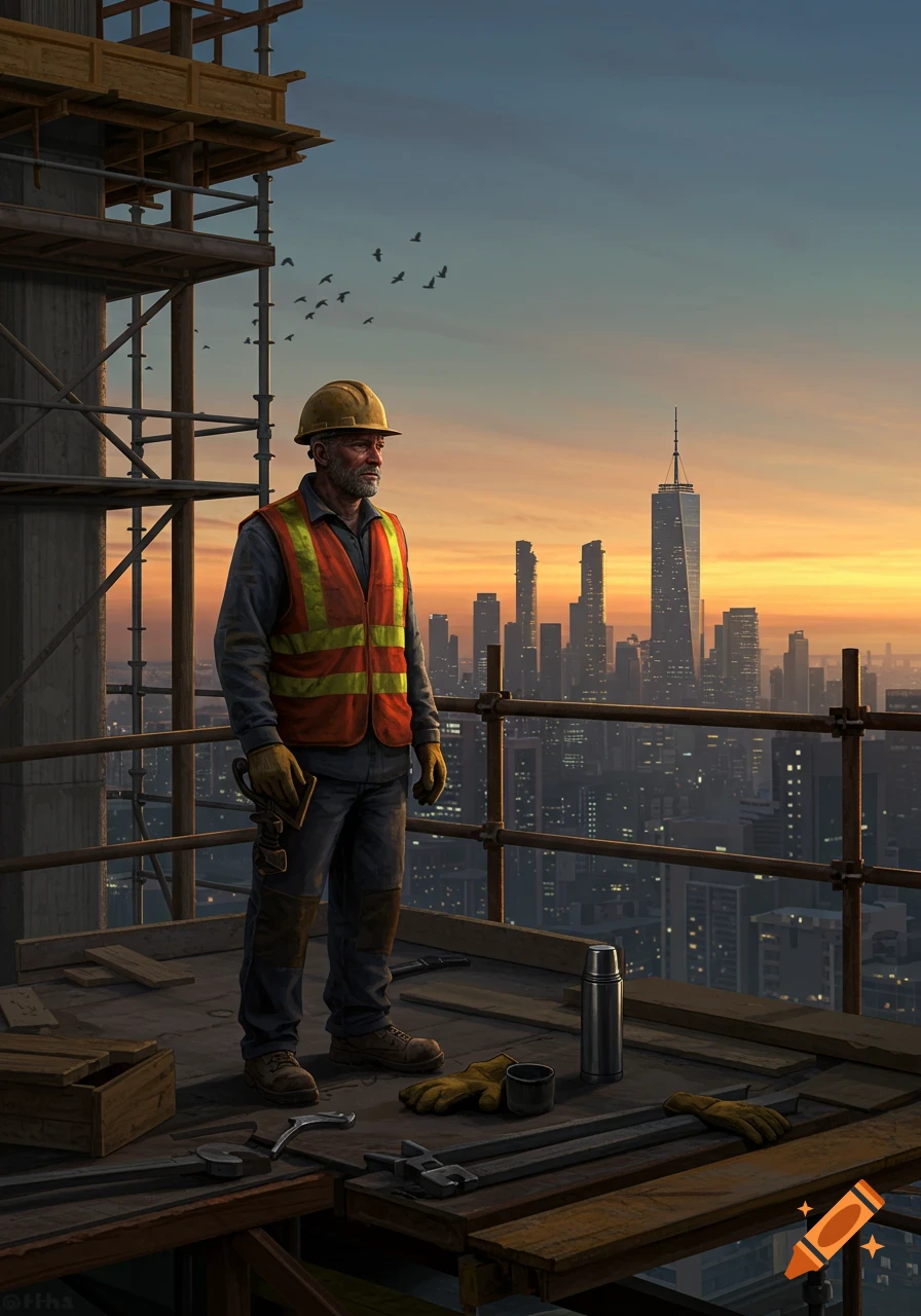 Construction worker in hard hat and safety vest stands on scaffolding overlooking a city skyline at sunset, photorealistic style.