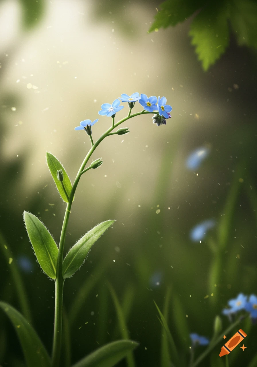 A close-up of a single forget-me-not stem with vibrant blue flowers and green leaves, against a soft, sunlit bokeh background.